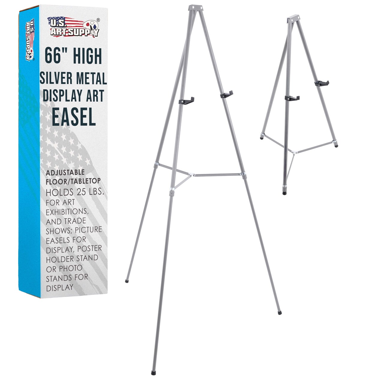 66" High Gallery Silver Metal Display Easel - Large Adjustable Height Portable Easel Stand, Sign Display, Holds 25 lbs - Floor & Tabletop Easels, Painting Stand
